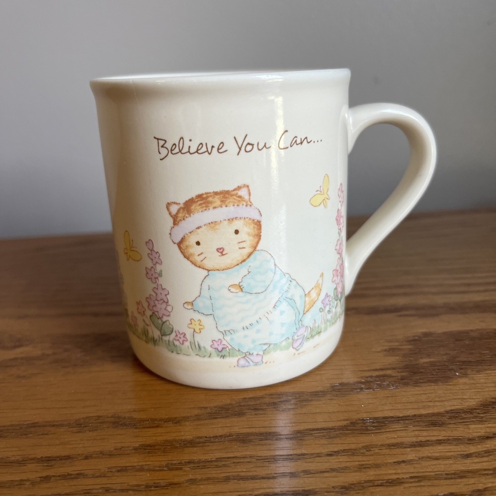 Vintage 80s Cat Coffee Mug Hallmark Believe You Can Workout Japan